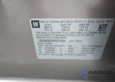 2015 Chevrolet Silverado 1500 2Lz z USA, uszkodzony, nr VIN 3GCUKSEC6FG515258